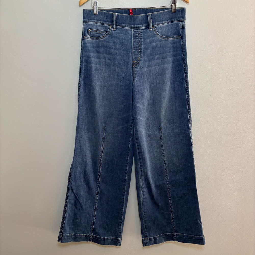 Spanx Seamed Front Wide Leg Jeans High Rise Denim Blue Womens Large Stretch